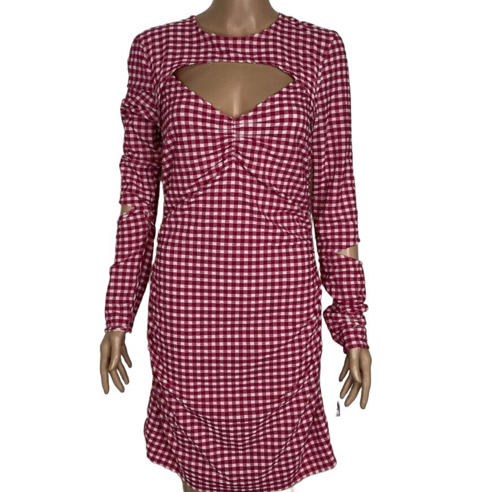 NEW GANNI Women's Seersucker Cut-Out Checked Mini Dress Red/White Size 8